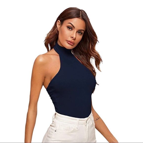 Women's Knit Crop Top Ribbed Sleeveless Halter Neck Vest Tank Top - Picture 6 of 7